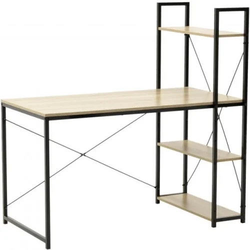 Dot Furn Modern Office Desk with 3-Tier Shelves -Light Wood Top,Metal Frame Multipurpose Table – Brown