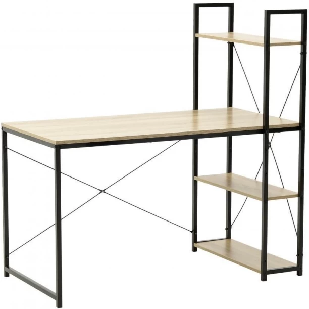 Dot Furn Modern Office Desk with 3-Tier Shelves -Light Wood Top,Metal Frame Multipurpose Table – Brown