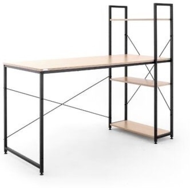 Dot Furn Modern Office Desk with 3-Tier Shelves -Light Wood Top,Metal Frame Multipurpose Table – Brown - Image 3