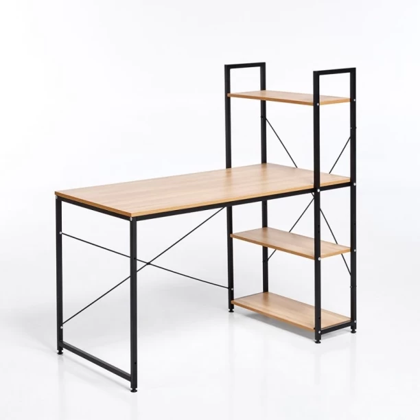 Dot Furn Modern Office Desk with 3-Tier Shelves -Light Wood Top,Metal Frame Multipurpose Table – Brown - Image 2