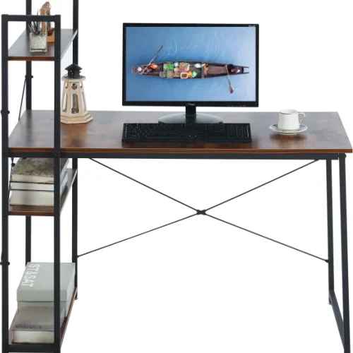 Golden Star Africa Industrial-style computer desk with 4-tier storage shelves 120 × 60 × 76 desk with side shelves wood and metal study and workstation suitable for apartments bedrooms and student rooms—a space-saving home office and gaming desk Multipurpose Table – Berlin Rustic