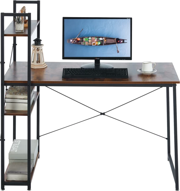 Golden Star Africa Industrial-style computer desk with 4-tier storage shelves 120 × 60 × 76 desk with side shelves wood and metal study and workstation suitable for apartments bedrooms and student rooms—a space-saving home office and gaming desk Multipurpose Table – Berlin Rustic