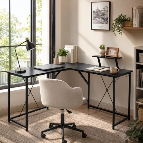 Golden Star Africa Black L-shaped corner desk with monitor storage rack large capacity gaming computer desk side hook design stable steel frame for home office writing desk Multipurpose Table