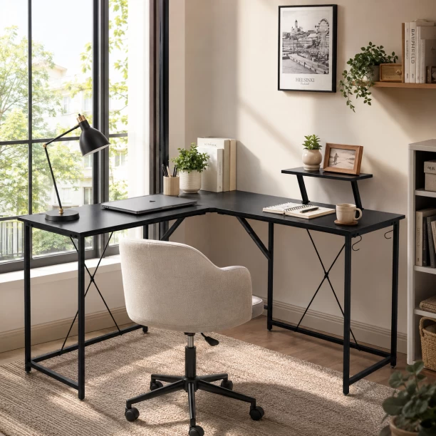 Golden Star Africa Black L-shaped corner desk with monitor storage rack large capacity gaming computer desk side hook design stable steel frame for home office writing desk Multipurpose Table