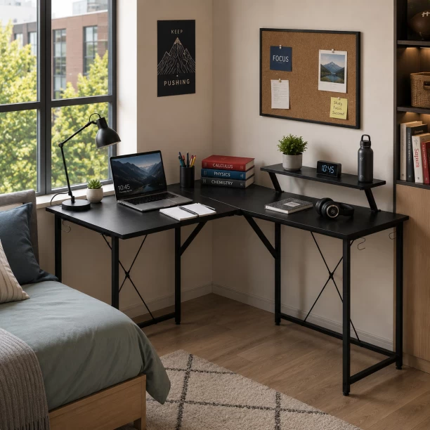 Golden Star Africa Black L-shaped corner desk with monitor storage rack large capacity gaming computer desk side hook design stable steel frame for home office writing desk Multipurpose Table - Image 3