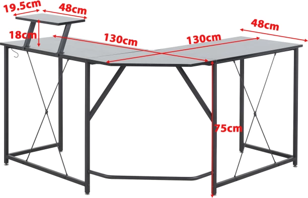 ArtisanFurnitureWarehouse Furniture 130cm long L-shaped corner computer desk with monitor stand 2 corner hooks large L-shaped office desk industrial metal frame suitable for home and office use Multipurpose Table – black - Image 5