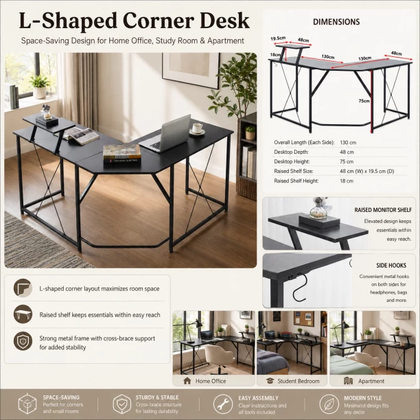 ArtisanFurnitureWarehouse Furniture 130cm long L-shaped corner computer desk with monitor stand 2 corner hooks large L-shaped office desk industrial metal frame suitable for home and office use Multipurpose Table – black - Image 4