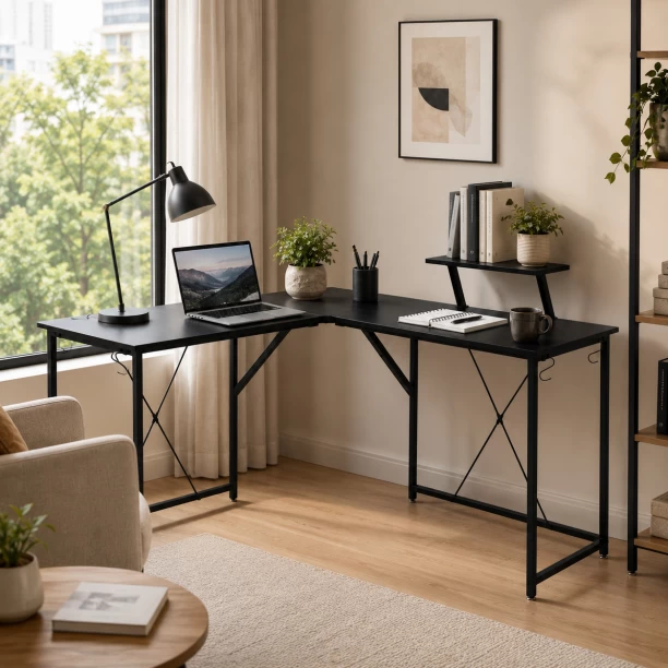 ArtisanFurnitureWarehouse Furniture 130cm long L-shaped corner computer desk with monitor stand 2 corner hooks large L-shaped office desk industrial metal frame suitable for home and office use Multipurpose Table – black - Image 2
