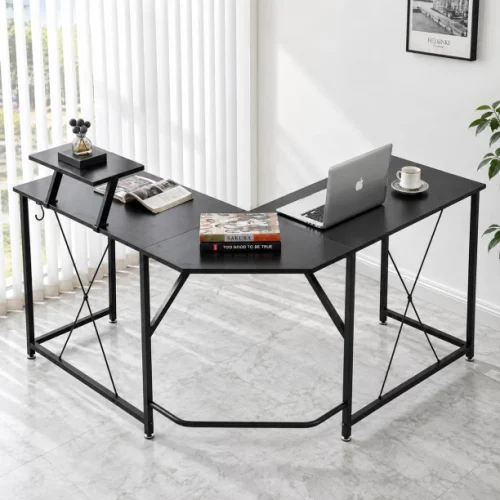 ArtisanFurnitureWarehouse Furniture 130cm long L-shaped corner computer desk with monitor stand 2 corner hooks large L-shaped office desk industrial metal frame suitable for home and office use Multipurpose Table – black