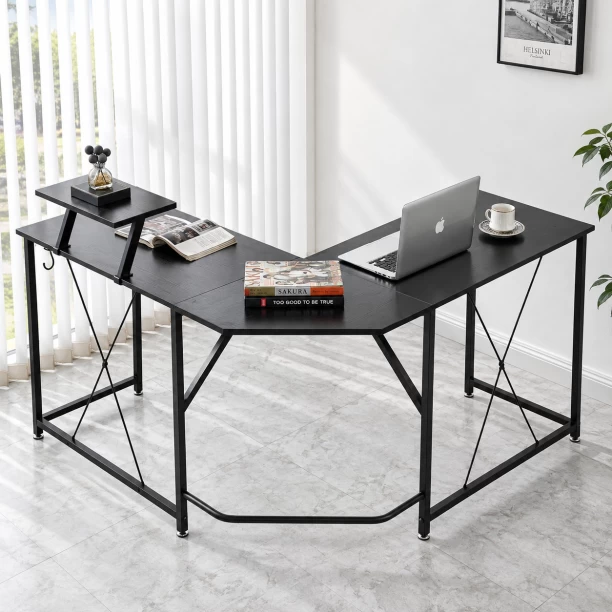 ArtisanFurnitureWarehouse Furniture 130cm long L-shaped corner computer desk with monitor stand 2 corner hooks large L-shaped office desk industrial metal frame suitable for home and office use Multipurpose Table – black