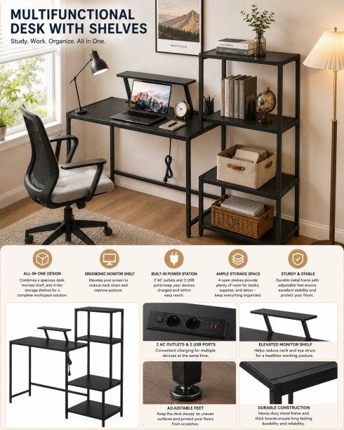Golden Star Africa Black multifunctional desk with 4 storage shelves monitor stand and built-in power station Metal frame home office desk suitable for bedrooms offices and study rooms Multipurpose Table - Image 3