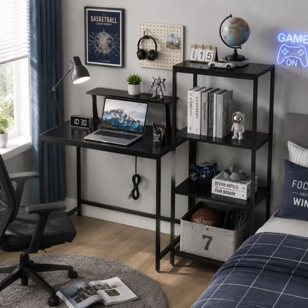 Golden Star Africa Black multifunctional desk with 4 storage shelves monitor stand and built-in power station Metal frame home office desk suitable for bedrooms offices and study rooms Multipurpose Table - Image 2