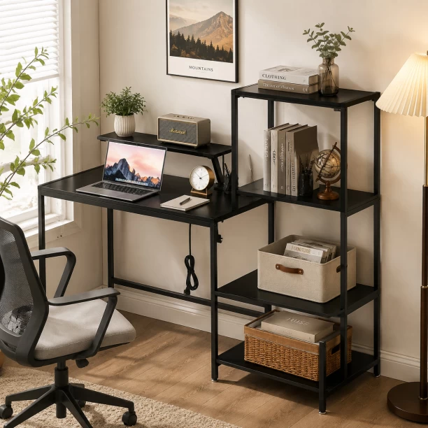 Golden Star Africa Black multifunctional desk with 4 storage shelves monitor stand and built-in power station Metal frame home office desk suitable for bedrooms offices and study rooms Multipurpose Table