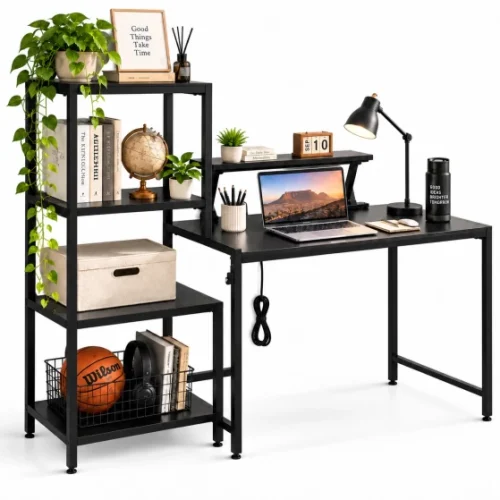 Artisan Furniture Warehouse Black multifunctional computer desk four layer side shelf monitor height rack embedded charging socket metal steel frame suitable for home bedroom desk office study desk Multipurpose Table