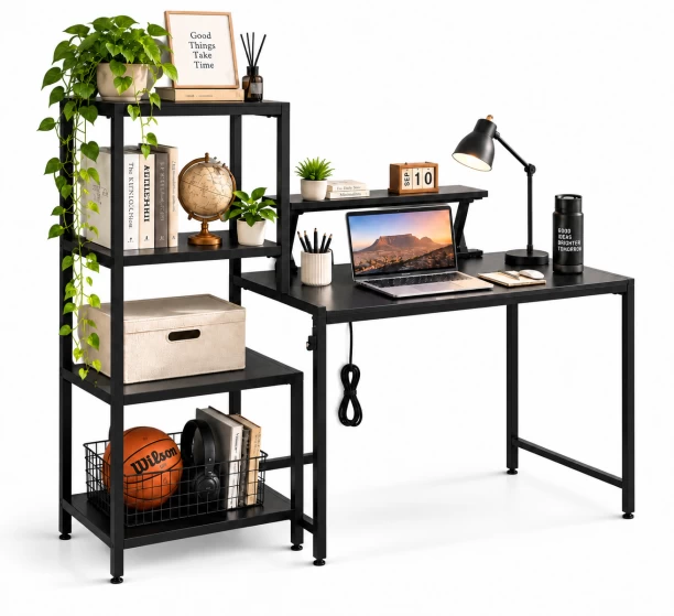 Artisan Furniture Warehouse Black multifunctional computer desk four layer side shelf monitor height rack embedded charging socket metal steel frame suitable for home bedroom desk office study desk Multipurpose Table