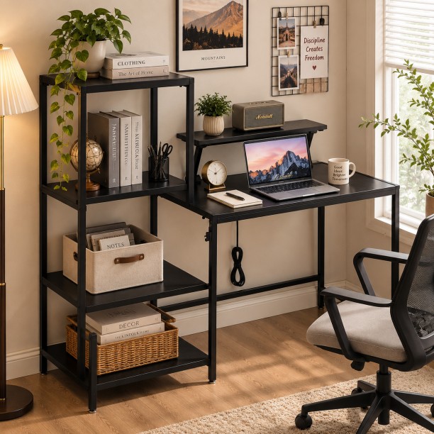 Artisan Furniture Warehouse Black multifunctional computer desk four layer side shelf monitor height rack embedded charging socket metal steel frame suitable for home bedroom desk office study desk Multipurpose Table - Image 2