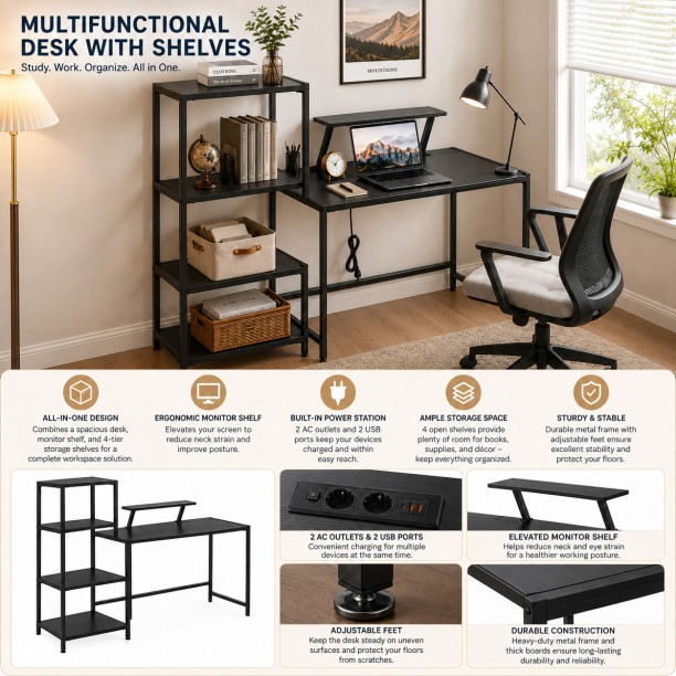 Artisan Furniture Warehouse Black multifunctional computer desk four layer side shelf monitor height rack embedded charging socket metal steel frame suitable for home bedroom desk office study desk Multipurpose Table - Image 4