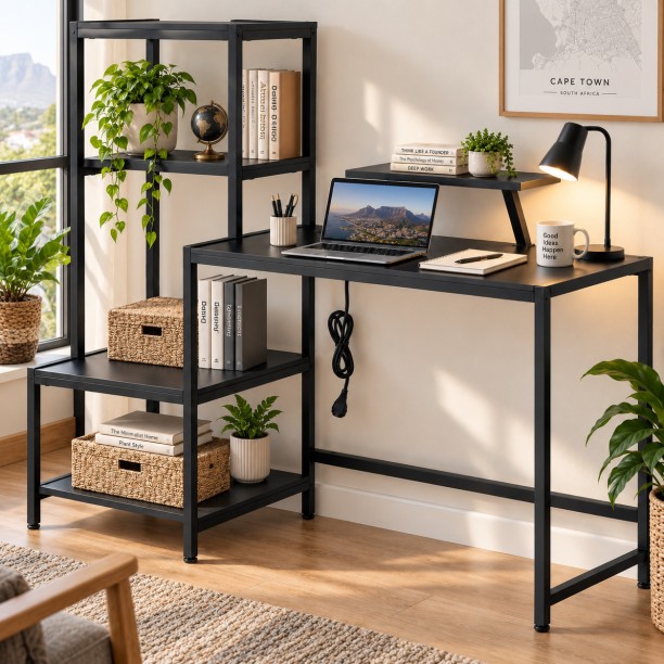Artisan Furniture Warehouse Black multifunctional computer desk four layer side shelf monitor height rack embedded charging socket metal steel frame suitable for home bedroom desk office study desk Multipurpose Table - Image 3