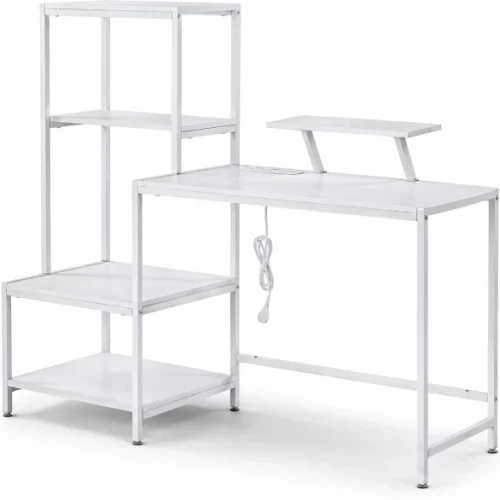 Artisan Furniture Warehouse White multifunctional computer desk four layer side shelf monitor height rack embedded charging socket metal steel frame suitable for home bedroom desk office study desk Multipurpose Table