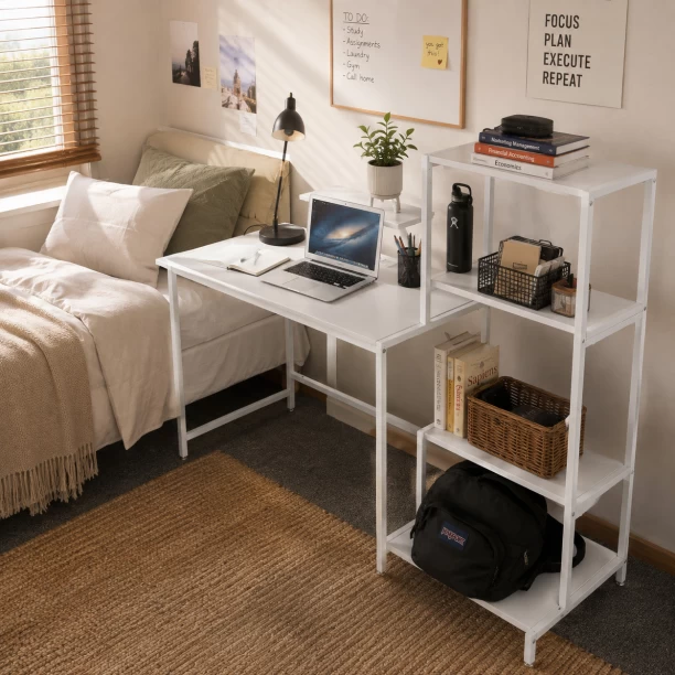 Golden Star Africa White multifunctional desk with 4 storage shelves monitor stand and built-in power station Metal frame home office desk suitable for bedrooms offices and study rooms Multipurpose Table - Image 2