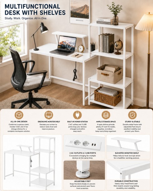 Golden Star Africa White multifunctional desk with 4 storage shelves monitor stand and built-in power station Metal frame home office desk suitable for bedrooms offices and study rooms Multipurpose Table - Image 3