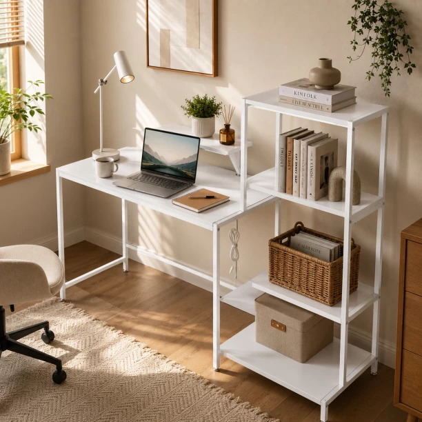 Golden Star Africa White multifunctional desk with 4 storage shelves monitor stand and built-in power station Metal frame home office desk suitable for bedrooms offices and study rooms Multipurpose Table
