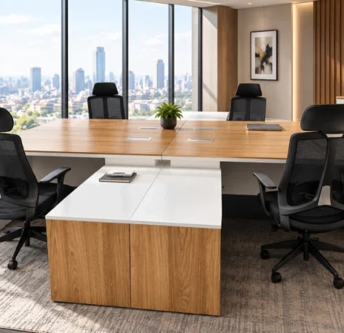 GOF Furniture DF-BT2816 & A993 4× Hover Executive Office Desk + 4× Meridian Office Chair Bundle | 8-Piece Corporate Office Set Office Table – Oak, Chair Included