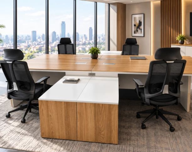 GOF Furniture DF-BT2816 & A993 4× Hover Executive Office Desk + 4× Meridian Office Chair Bundle | 8-Piece Corporate Office Set Office Table – Oak, Chair Included