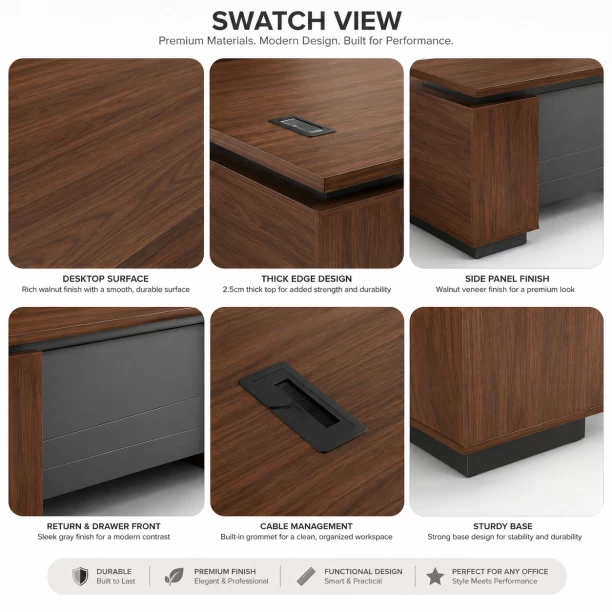 Faith Work Furnishings Lincoln Executive Desk Office Table – Walnut, Chair Included - Image 3