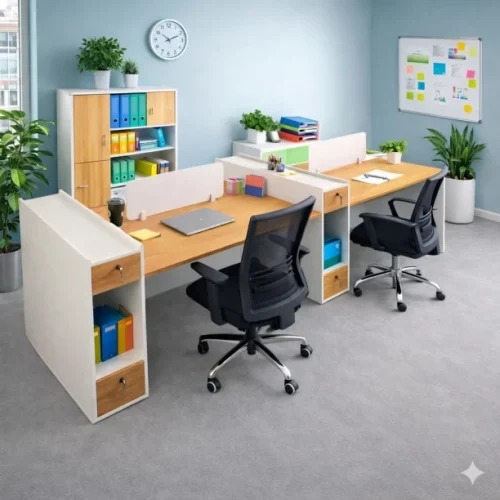 QandAHome 4-Seater Office Team Desk Office Table – White and Brown, Chair Included