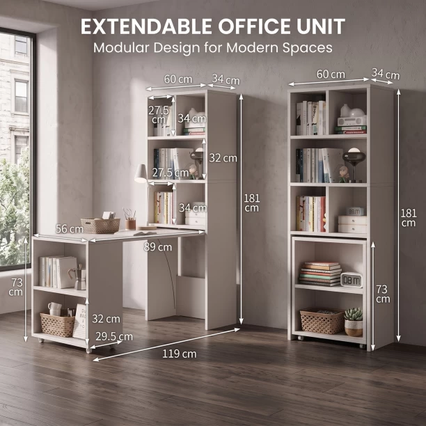 Topika White Convertible Study Desk with Storage Shelves, Office Table Converts to Bookshelf, Foldable Space-Saving Workstation Multipurpose Table - Image 3