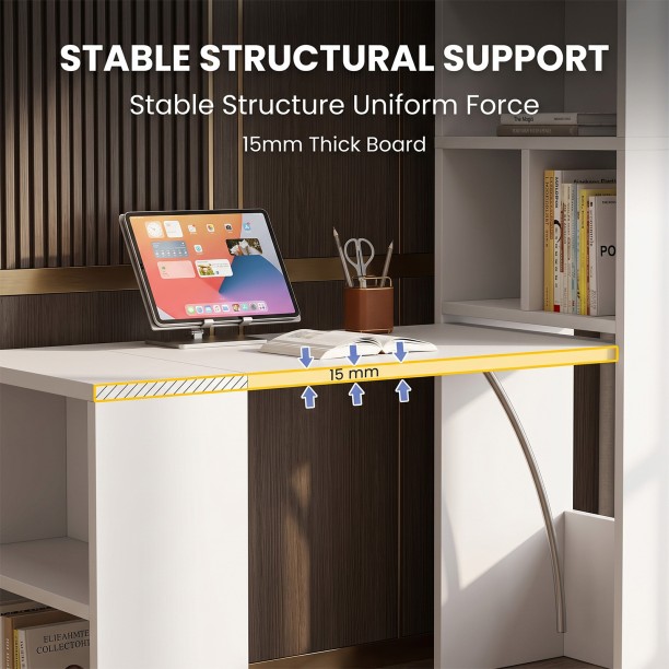 Topika White Convertible Study Desk with Storage Shelves, Office Table Converts to Bookshelf, Foldable Space-Saving Workstation Multipurpose Table - Image 6