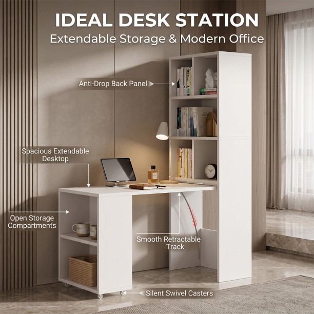 Topika White Convertible Study Desk with Storage Shelves, Office Table Converts to Bookshelf, Foldable Space-Saving Workstation Multipurpose Table - Image 5