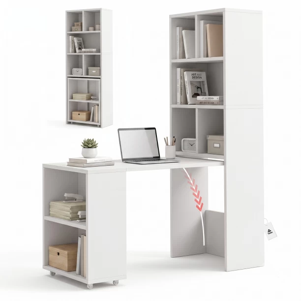 Topika White Convertible Study Desk with Storage Shelves, Office Table Converts to Bookshelf, Foldable Space-Saving Workstation Multipurpose Table