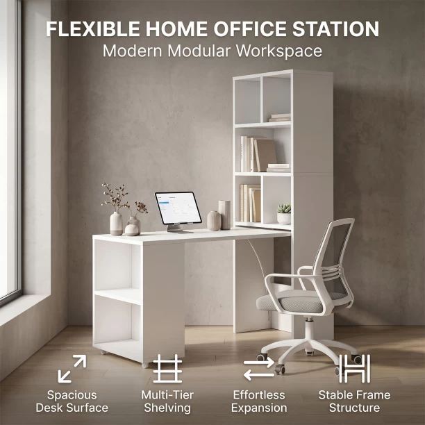 Topika White Convertible Study Desk with Storage Shelves, Office Table Converts to Bookshelf, Foldable Space-Saving Workstation Multipurpose Table - Image 2