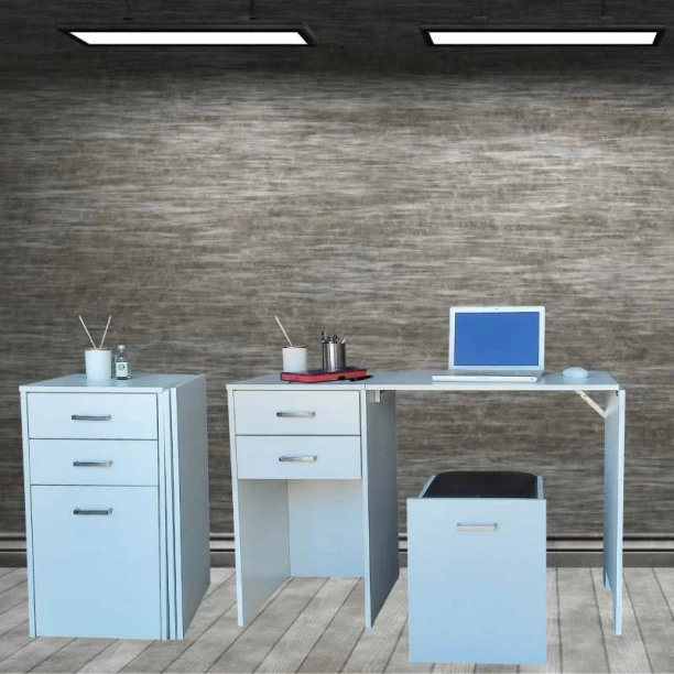 SpaceSave Versa Combo Drawer Desk with Ottoman Chair Multipurpose Table – White, Chair Included