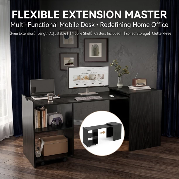 Topika Expandable Study Desk, Retractable Work Desk With Storage, Black Office Table - Image 2