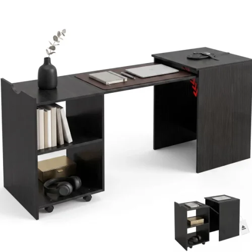 Topika Expandable Study Desk, Retractable Work Desk With Storage, Black Office Table