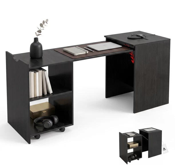 Topika Expandable Study Desk, Retractable Work Desk With Storage, Black Office Table