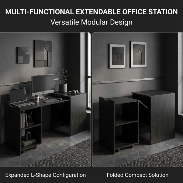 Topika Expandable Study Desk, Retractable Work Desk With Storage, Black Office Table - Image 5