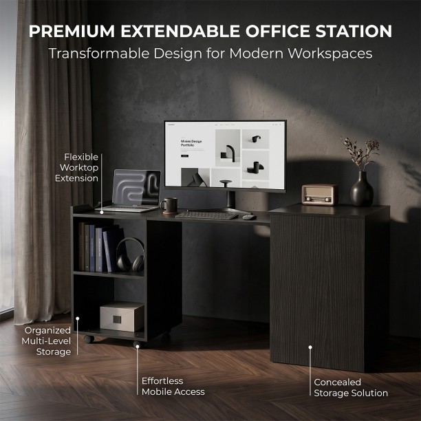 Topika Expandable Study Desk, Retractable Work Desk With Storage, Black Office Table - Image 4