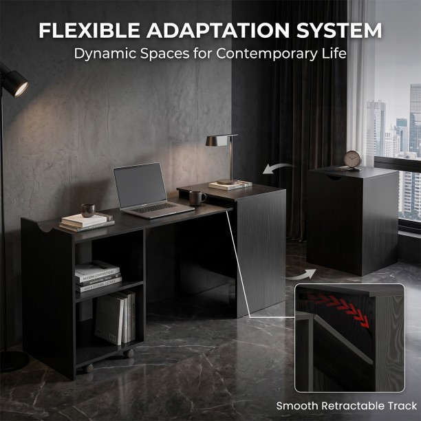 Topika Expandable Study Desk, Retractable Work Desk With Storage, Black Office Table - Image 3