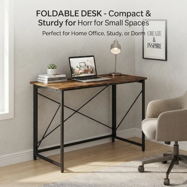 RSQQAV 100cm Foldable Computer Desk – No-Assembly Portable Home Office Study Table with E1 Particleboard Top & Thickened Iron Frame Multipurpose Table – Burning wood - Image 2