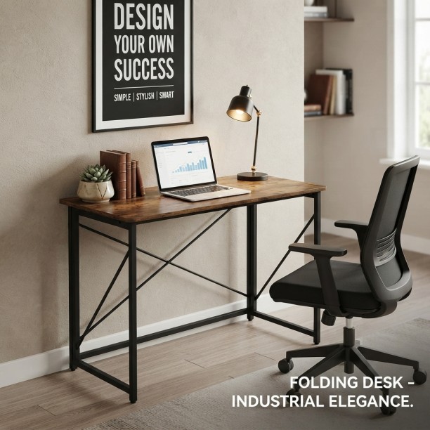 RSQQAV 100cm Foldable Computer Desk – No-Assembly Portable Home Office Study Table with E1 Particleboard Top & Thickened Iron Frame Multipurpose Table – Burning wood - Image 6