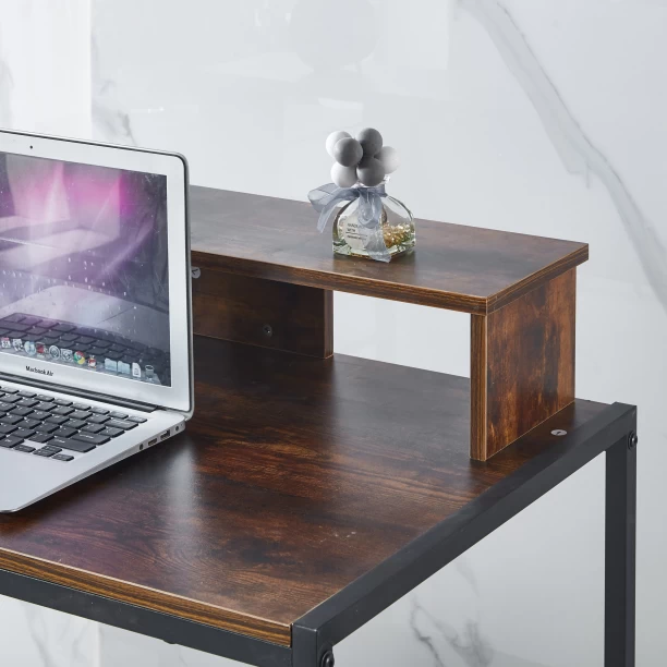 RSQQAV Computer Desk with Raised Monitor Stand & Reversible Storage Shelves – Modern Rustic Home Office & Gaming Workstation Multipurpose Table – Burning wood - Image 3