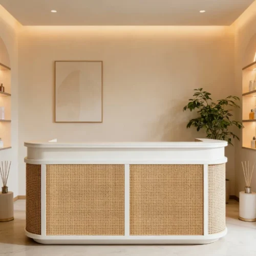 ITass Deco Reception Desk Office Table – White Satin Finish, Cane Rattan look