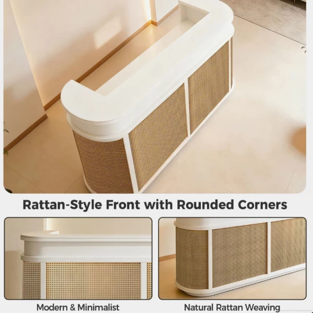 ITass Deco Reception Desk Office Table – White Satin Finish, Cane Rattan look - Image 3