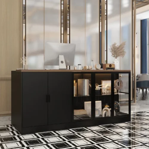 ITass Deco Lala Reception Desk Office Table – Black Satin Finish, Glass Doors