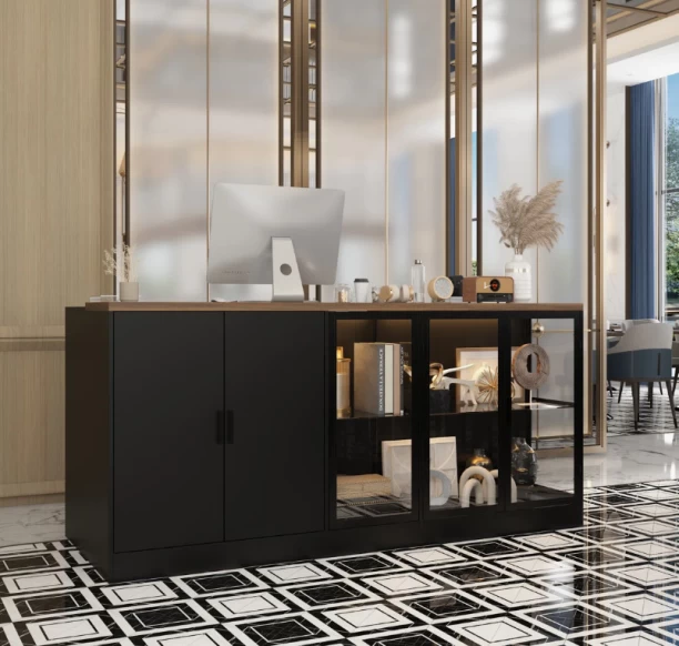 ITass Deco Lala Reception Desk Office Table – Black Satin Finish, Glass Doors