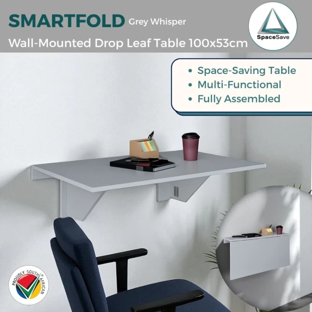 SpaceSave Smartfold Wall-Mounted Drop Leaf Table 100x53cm - Grey Whisper Multipurpose Table - Image 3